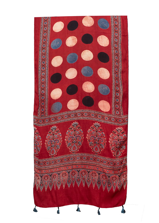 Ajrakh Modal Silk Natural Dye Hand Block Print Stole With Tassels - 2 Mtr Length    -  SKU : MS12A01E