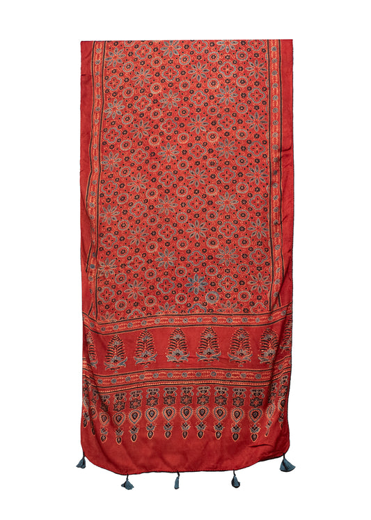 Ajrakh Modal Silk Natural Dye Hand Block Print Stole With Tassels - 2 Mtr Length    -  SKU : MS12A01G