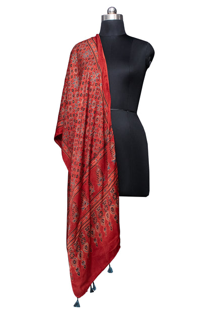 Ajrakh Modal Silk Natural Dye Hand Block Print Stole With Tassels - 2 Mtr Length    -  SKU : MS12A01G