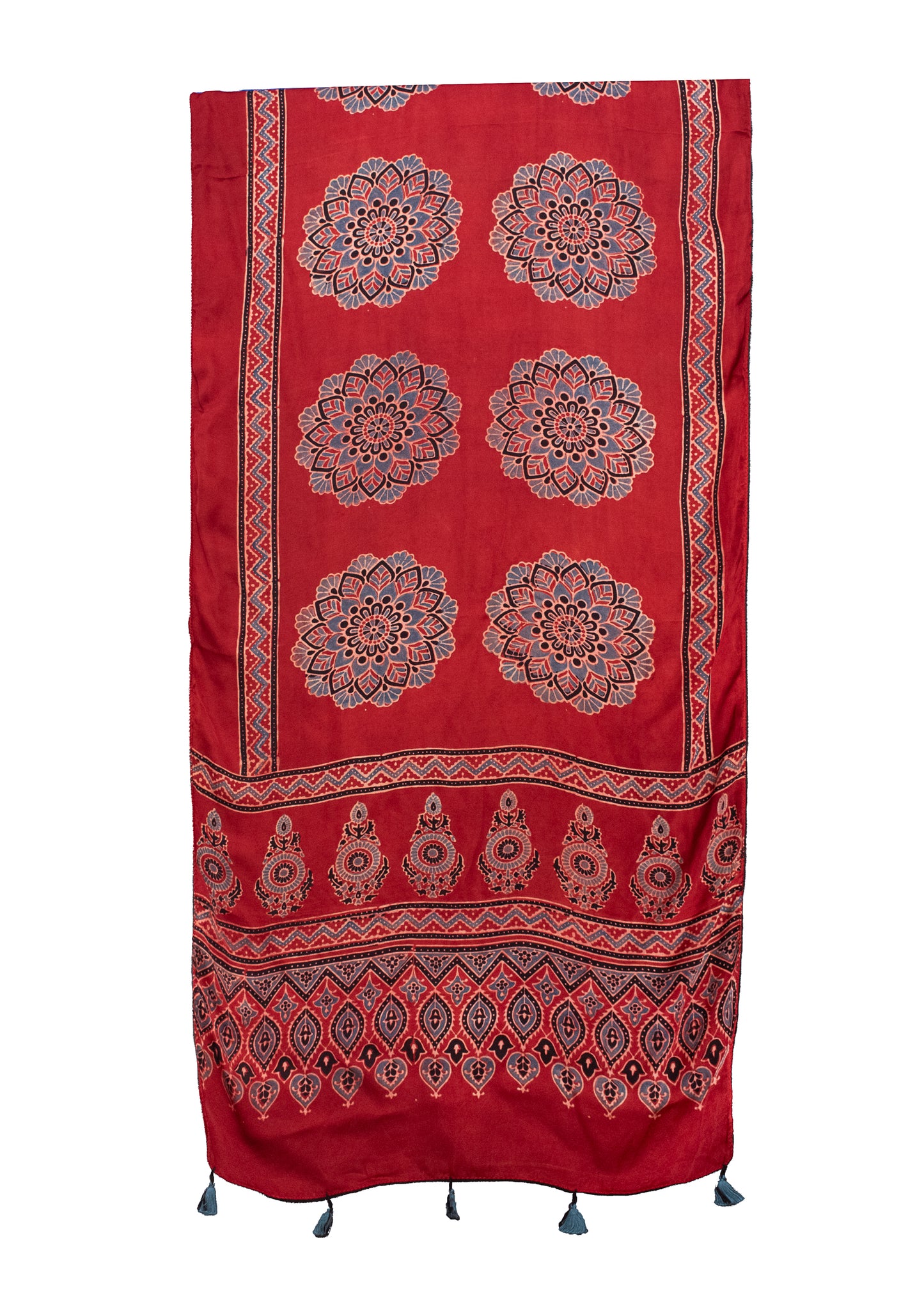 Ajrakh Modal Silk Natural Dye Hand Block Print Stole With Tassels - 2 Mtr Length    -  SKU : MS12A01I