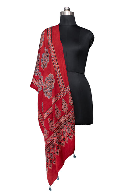 Ajrakh Modal Silk Natural Dye Hand Block Print Stole With Tassels - 2 Mtr Length    -  SKU : MS12A01I