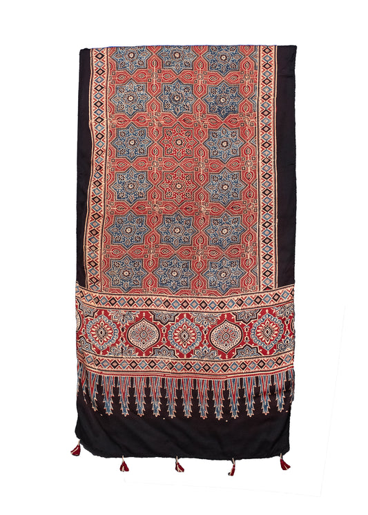 Ajrakh Modal Silk Natural Dye Hand Block Print Stole With Tassels - 2 Mtr Length    -  SKU : MS12A01K