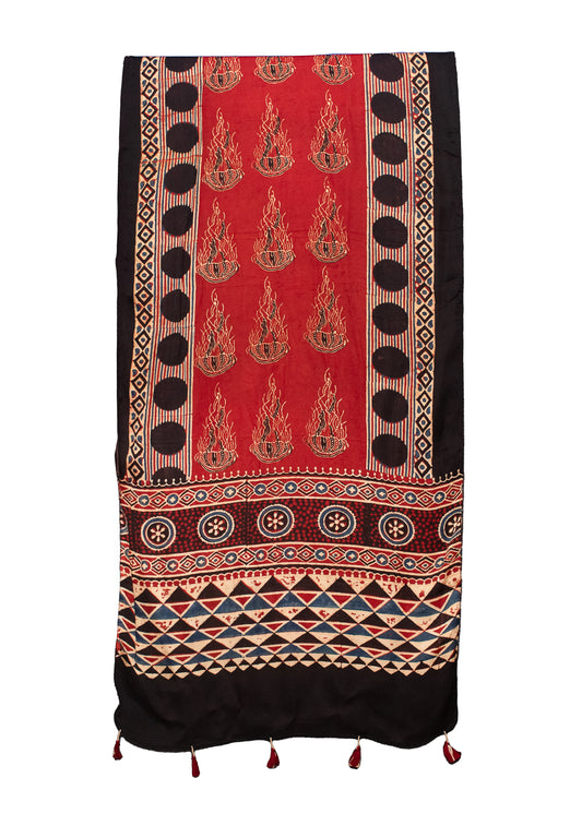 Ajrakh Modal Silk Natural Dye Hand Block Print Stole With Tassels - 2 Mtr Length    -  SKU : MS12A01L