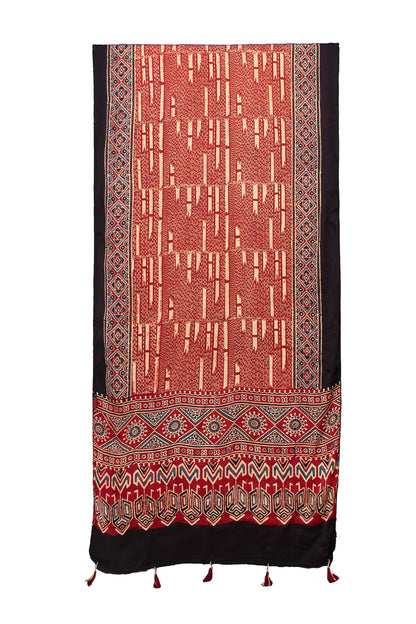 Ajrakh Modal Silk Natural Dye Hand Block Print Stole With Tassels - 2 Mtr Length    -  SKU : MS12A01N