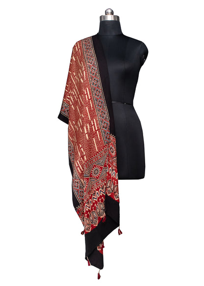 Ajrakh Modal Silk Natural Dye Hand Block Print Stole With Tassels - 2 Mtr Length    -  SKU : MS12A01N