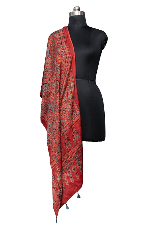 Ajrakh Modal Silk Natural Dye Hand Block Print Stole With Tassels - 2 Mtr Length    -  SKU : MS12A01P