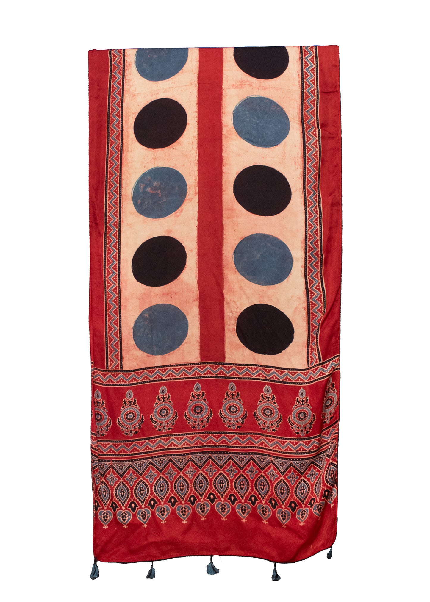 Ajrakh Modal Silk Natural Dye Hand Block Print Stole With Tassels - 2 Mtr Length    -  SKU : MS12A01R