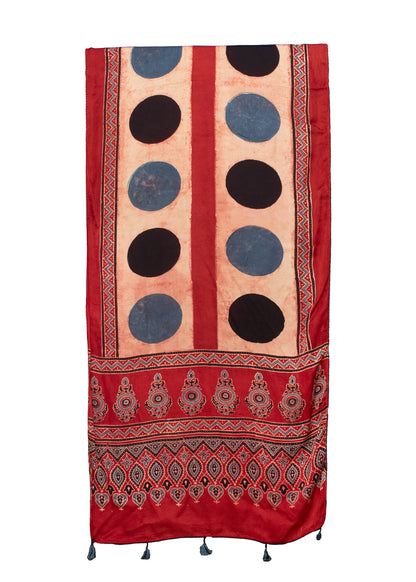 Ajrakh Modal Silk Natural Dye Hand Block Print Stole With Tassels - 2 Mtr Length    -  SKU : MS12A01R