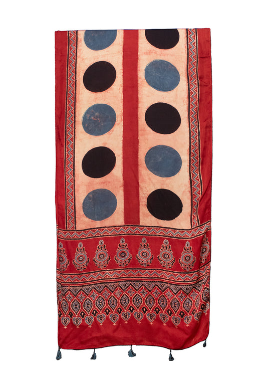Ajrakh Modal Silk Natural Dye Hand Block Print Stole With Tassels - 2 Mtr Length    -  SKU : MS12A01R