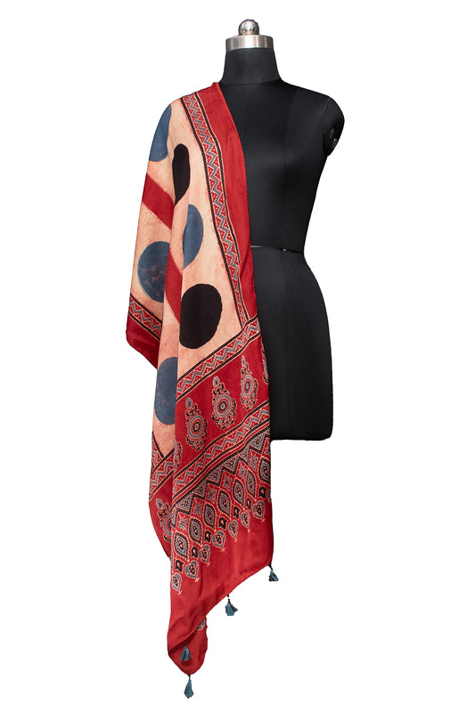 Ajrakh Modal Silk Natural Dye Hand Block Print Stole With Tassels - 2 Mtr Length    -  SKU : MS12A01R