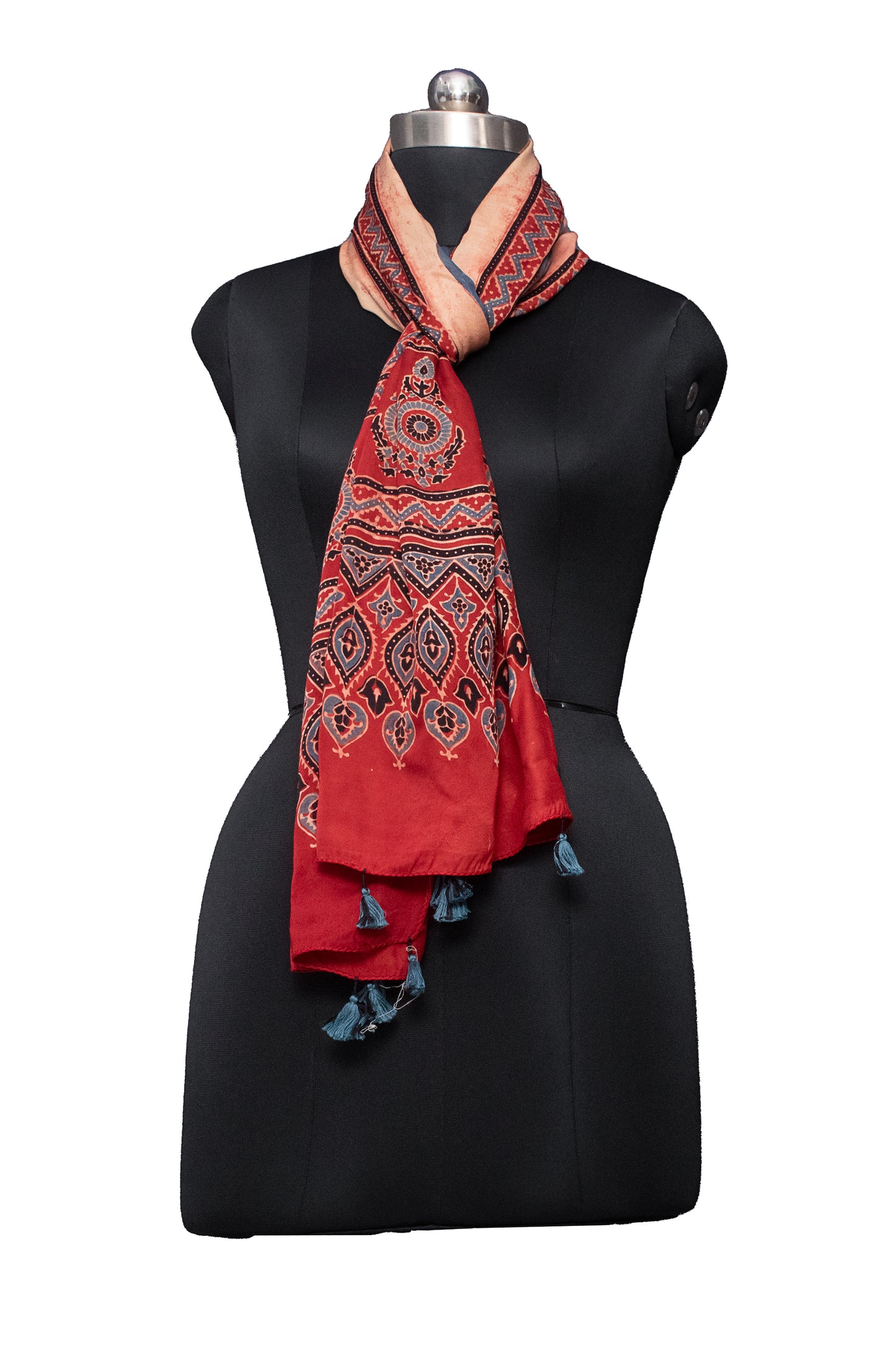 Ajrakh Modal Silk Natural Dye Hand Block Print Stole With Tassels - 2 Mtr Length    -  SKU : MS12A01R