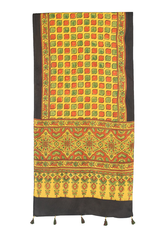 Ajrakh Modal Silk Natural Dye Hand Block Print Stole With Tassels - 2 Mtr Length - SKU : AI13103K