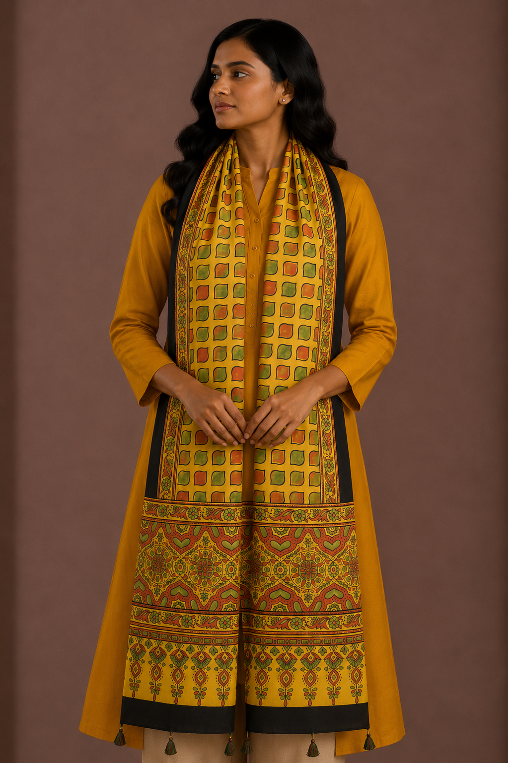 Ajrakh Modal Silk Natural Dye Hand Block Print Stole With Tassels - 2 Mtr Length    -  SKU : AI13103K