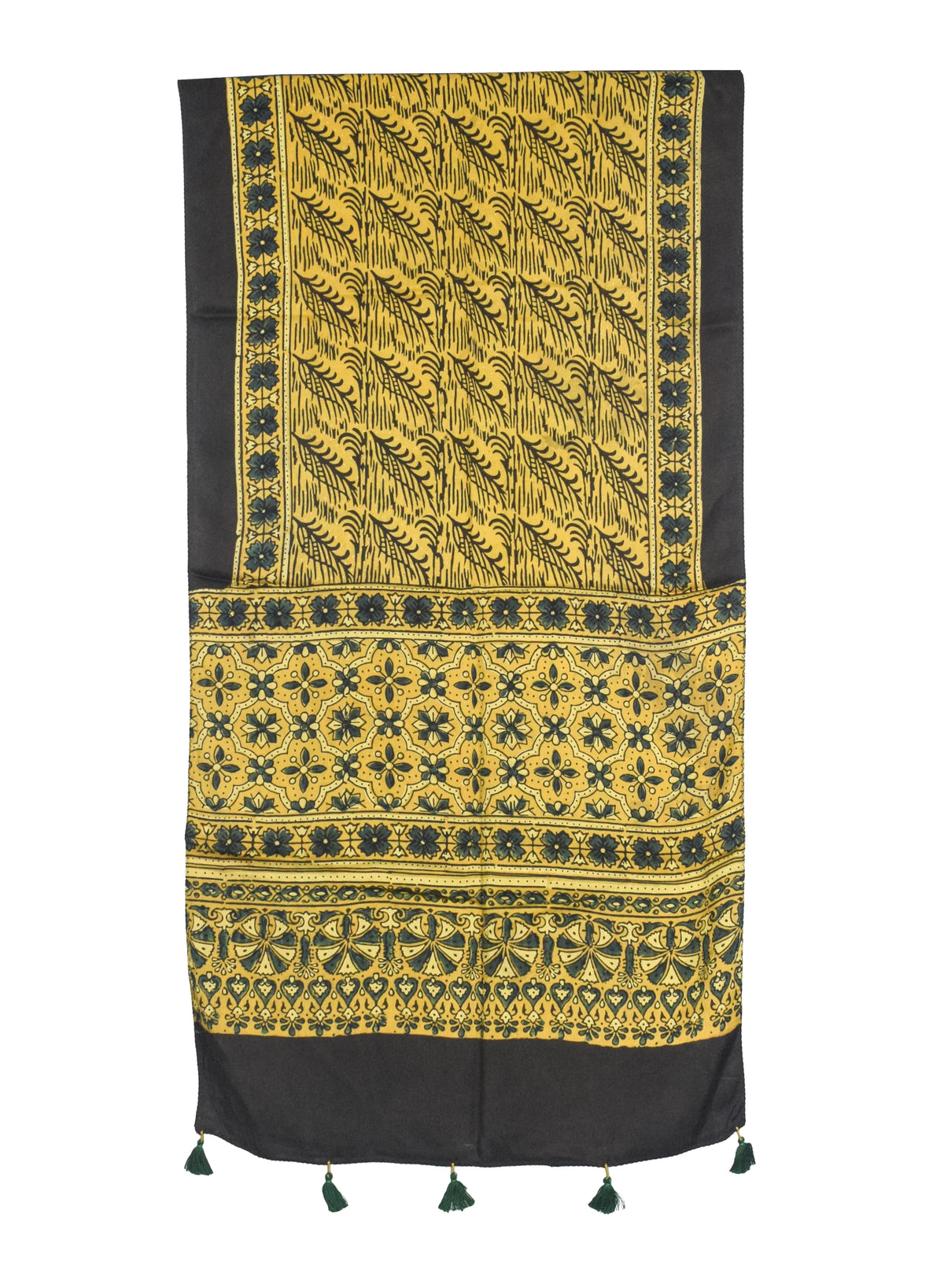 Ajrakh Modal Silk Natural Dye Hand Block Print Stole With Tassels - 2 Mtr Length   -  SKU : AI27803G