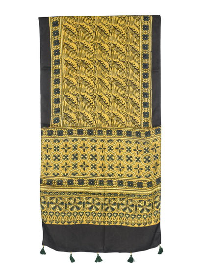 Ajrakh Modal Silk Natural Dye Hand Block Print Stole With Tassels - 2 Mtr Length   -  SKU : AI27803G