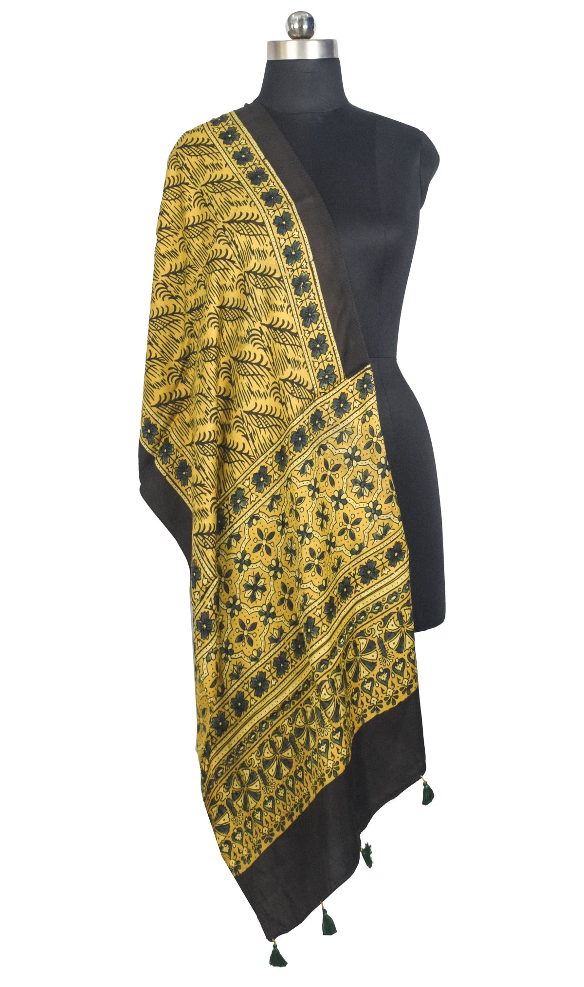 Ajrakh Modal Silk Natural Dye Hand Block Print Stole With Tassels - 2 Mtr Length   -  SKU : AI27803G