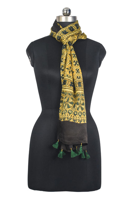 Ajrakh Modal Silk Natural Dye Hand Block Print Stole With Tassels - 2 Mtr Length   -  SKU : AI27803G
