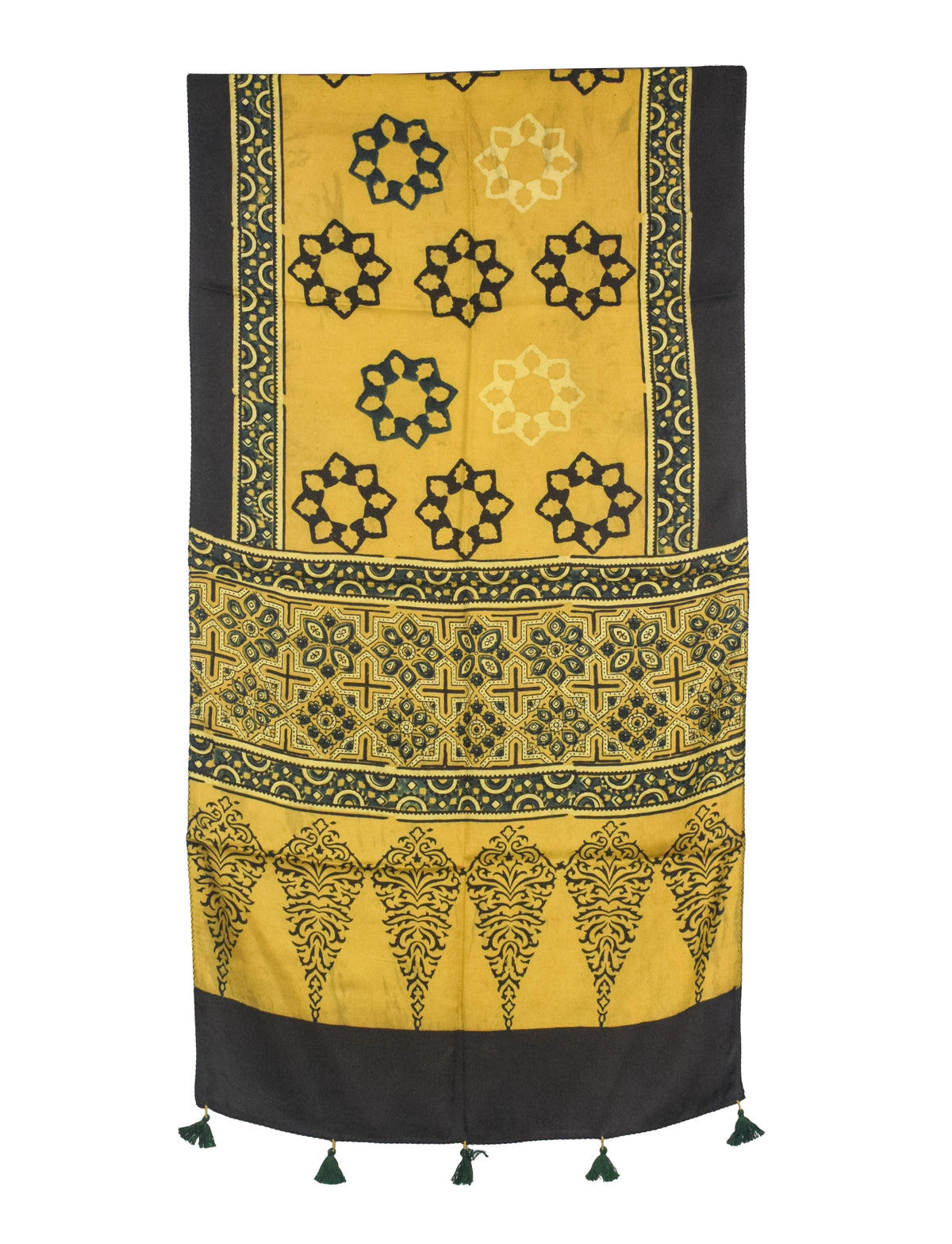 Ajrakh Modal Silk Natural Dye Hand Block Print Stole With Tassels - 2 Mtr Length   -  SKU : AI27803H
