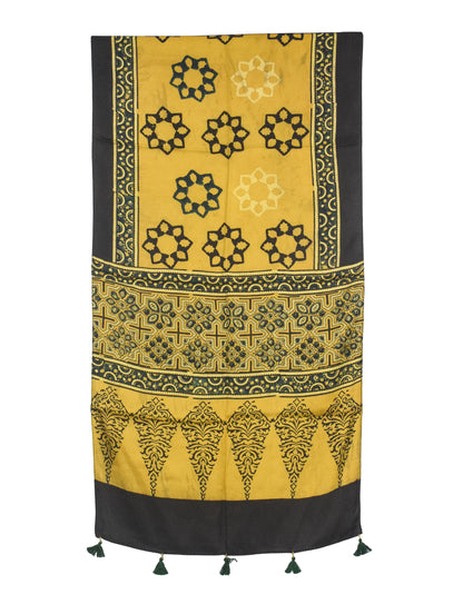 Ajrakh Modal Silk Natural Dye Hand Block Print Stole With Tassels - 2 Mtr Length   -  SKU : AI27803H