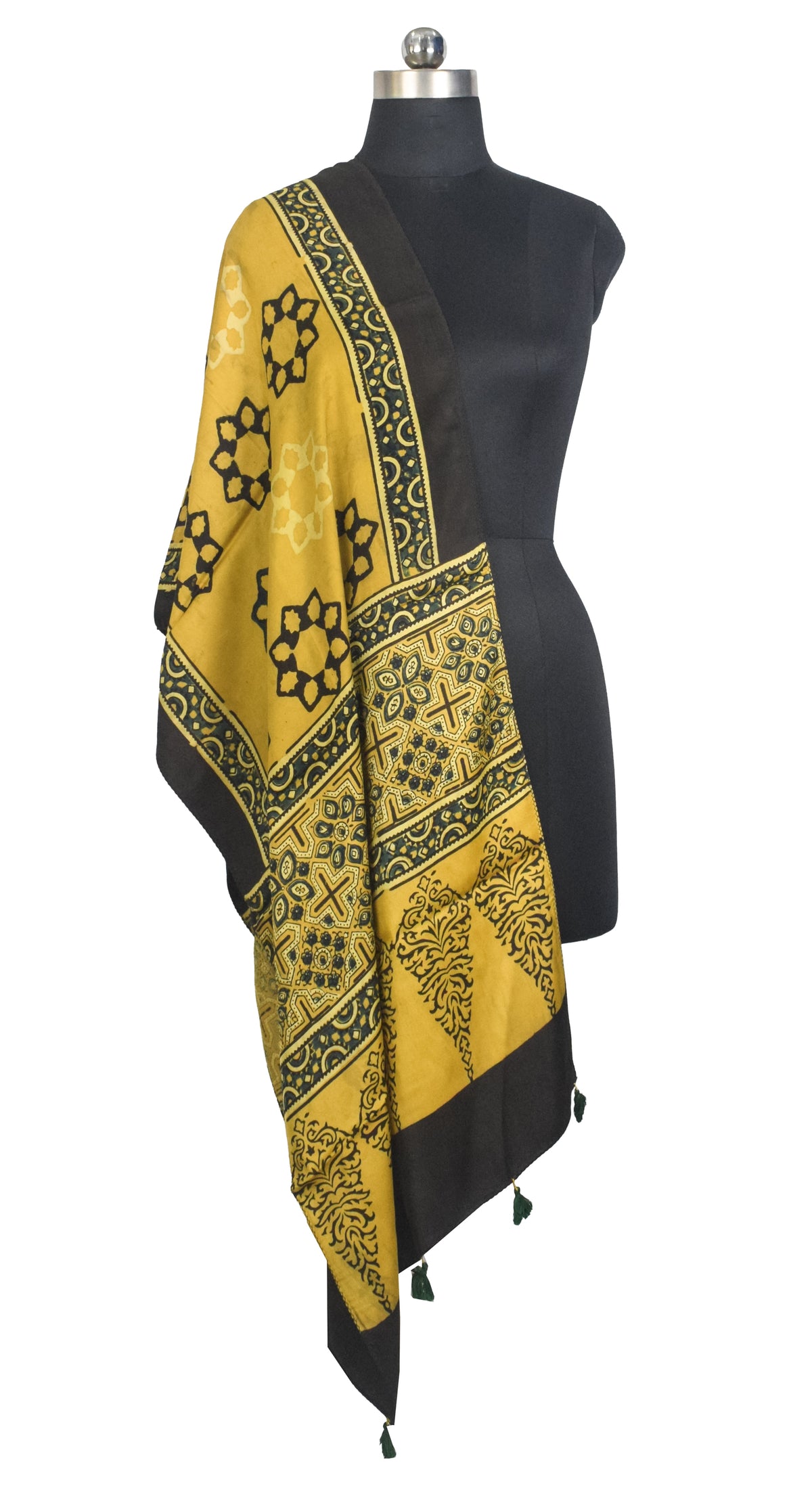Ajrakh Modal Silk Natural Dye Hand Block Print Stole With Tassels - 2 Mtr Length   -  SKU : AI27803H