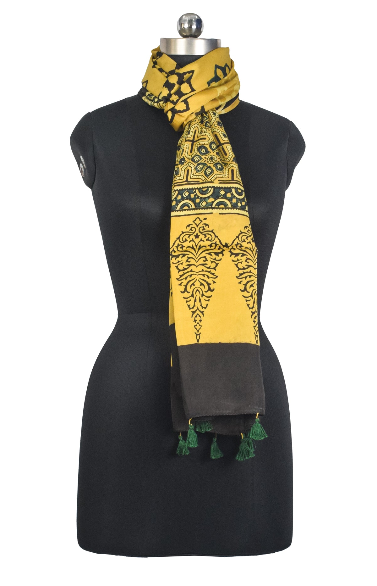 Ajrakh Modal Silk Natural Dye Hand Block Print Stole With Tassels - 2 Mtr Length   -  SKU : AI27803H