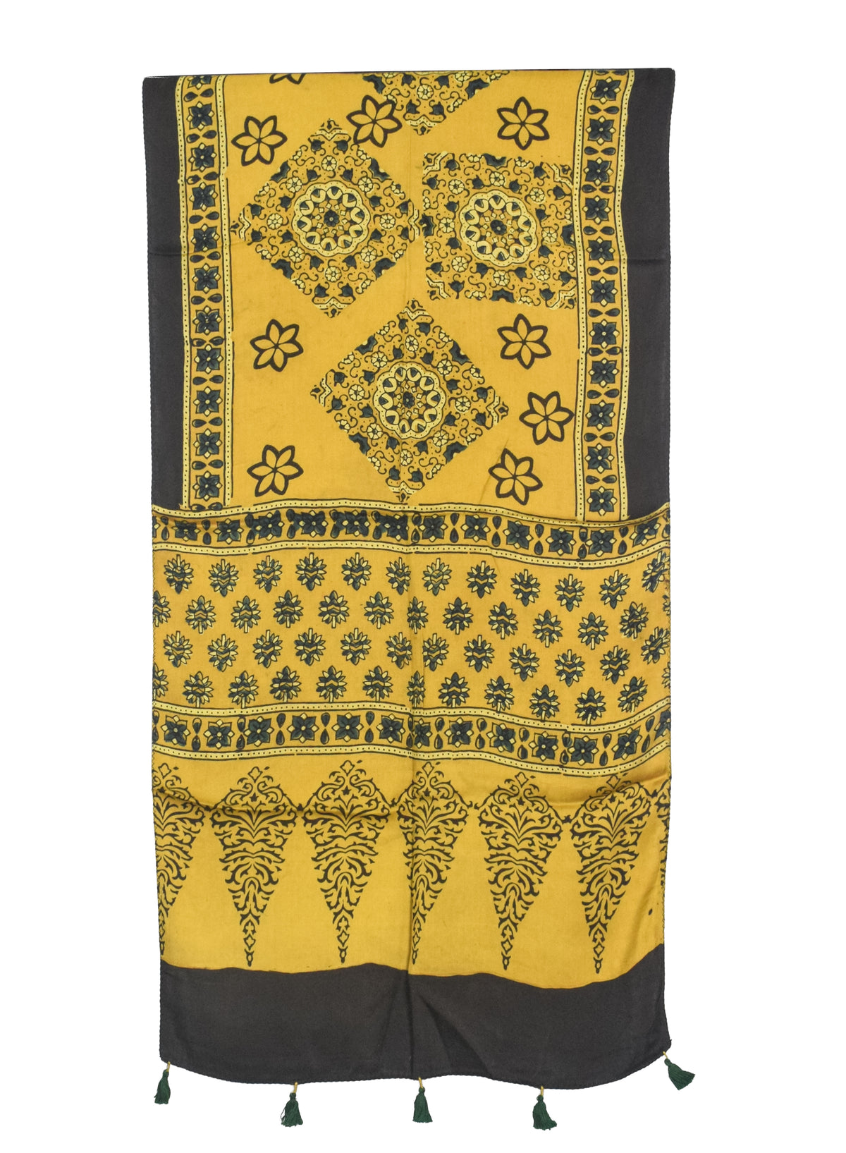 Ajrakh Modal Silk Natural Dye Hand Block Print Stole With Tassels - 2 Mtr Length   -  SKU : AI27803I