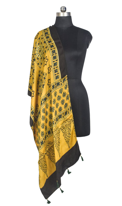 Ajrakh Modal Silk Natural Dye Hand Block Print Stole With Tassels - 2 Mtr Length   -  SKU : AI27803I