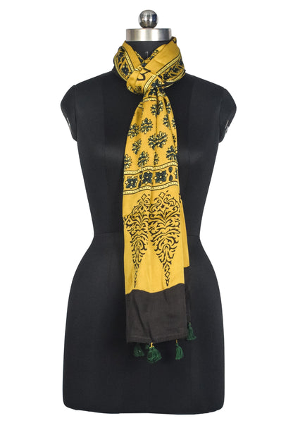 Ajrakh Modal Silk Natural Dye Hand Block Print Stole With Tassels - 2 Mtr Length   -  SKU : AI27803I
