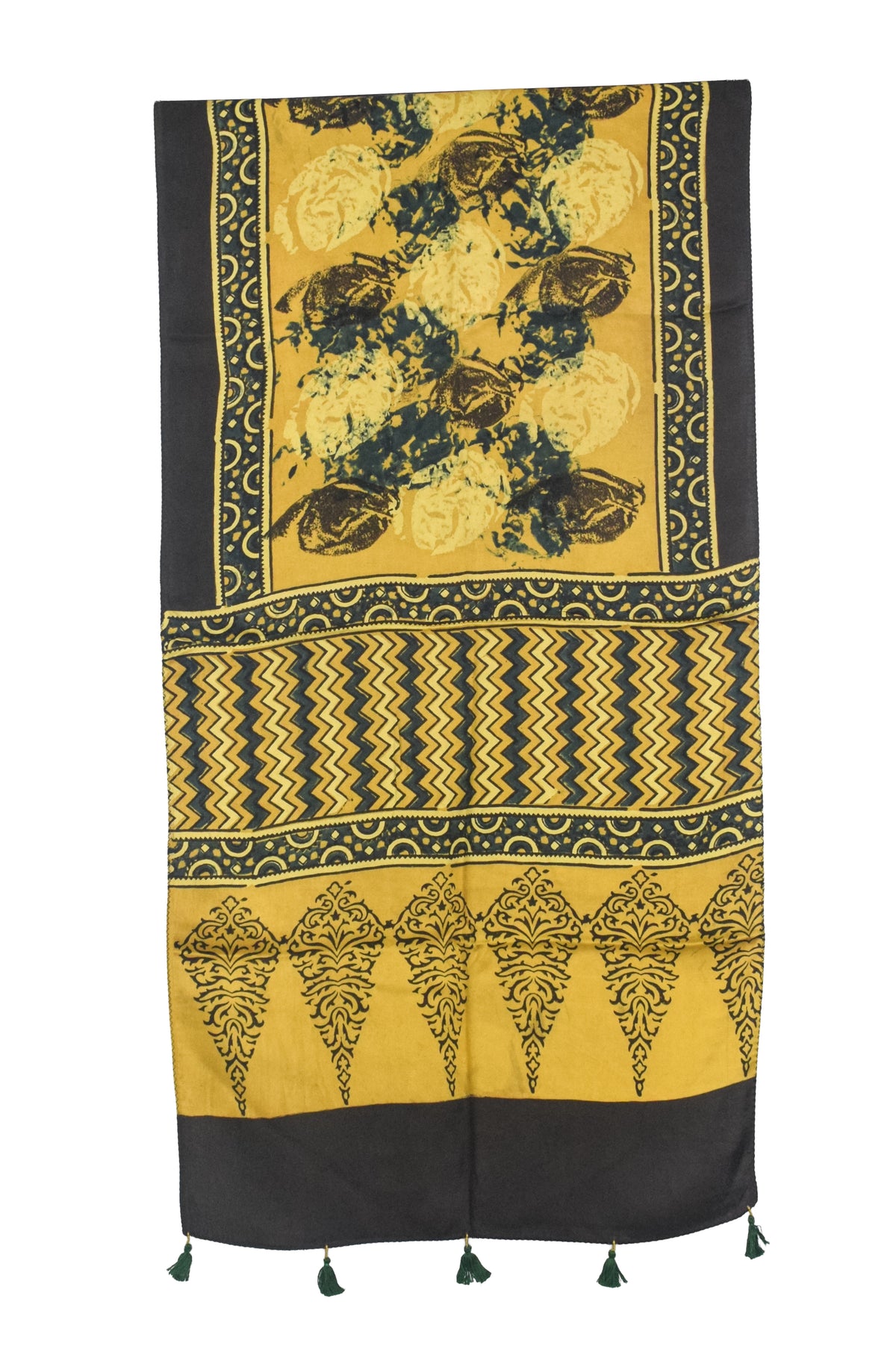 Ajrakh Modal Silk Natural Dye Hand Block Print Stole With Tassels - 2 Mtr Length   -  SKU : AI27803J