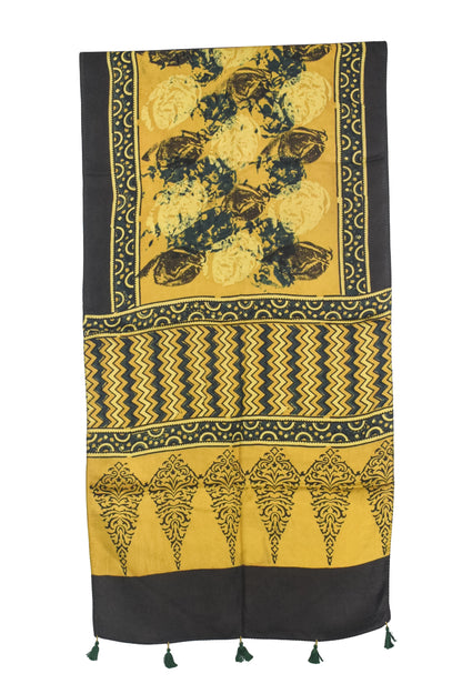 Ajrakh Modal Silk Natural Dye Hand Block Print Stole With Tassels - 2 Mtr Length   -  SKU : AI27803J