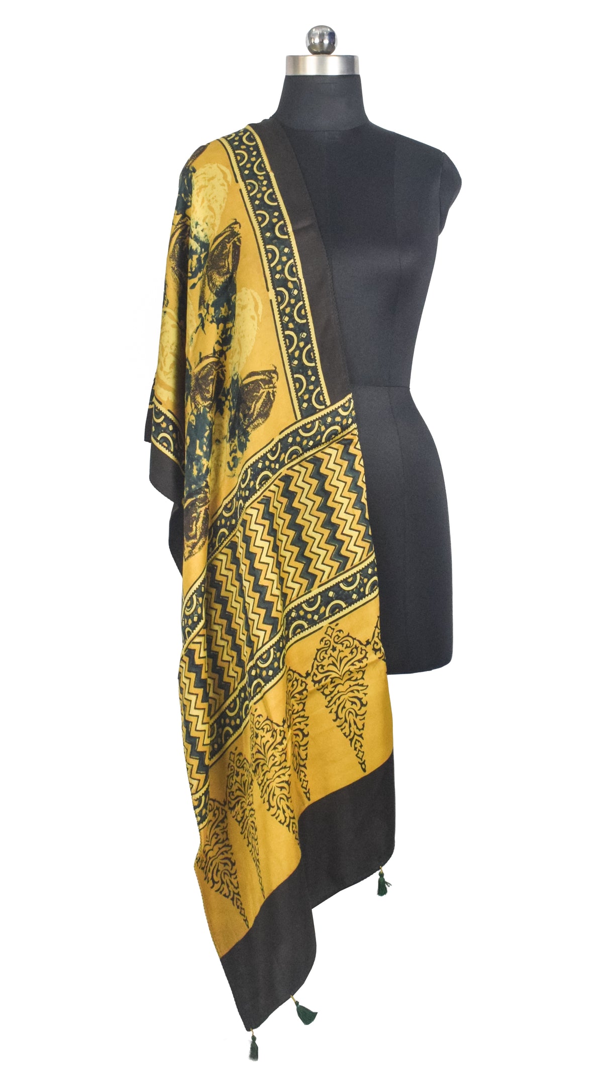 Ajrakh Modal Silk Natural Dye Hand Block Print Stole With Tassels - 2 Mtr Length   -  SKU : AI27803J