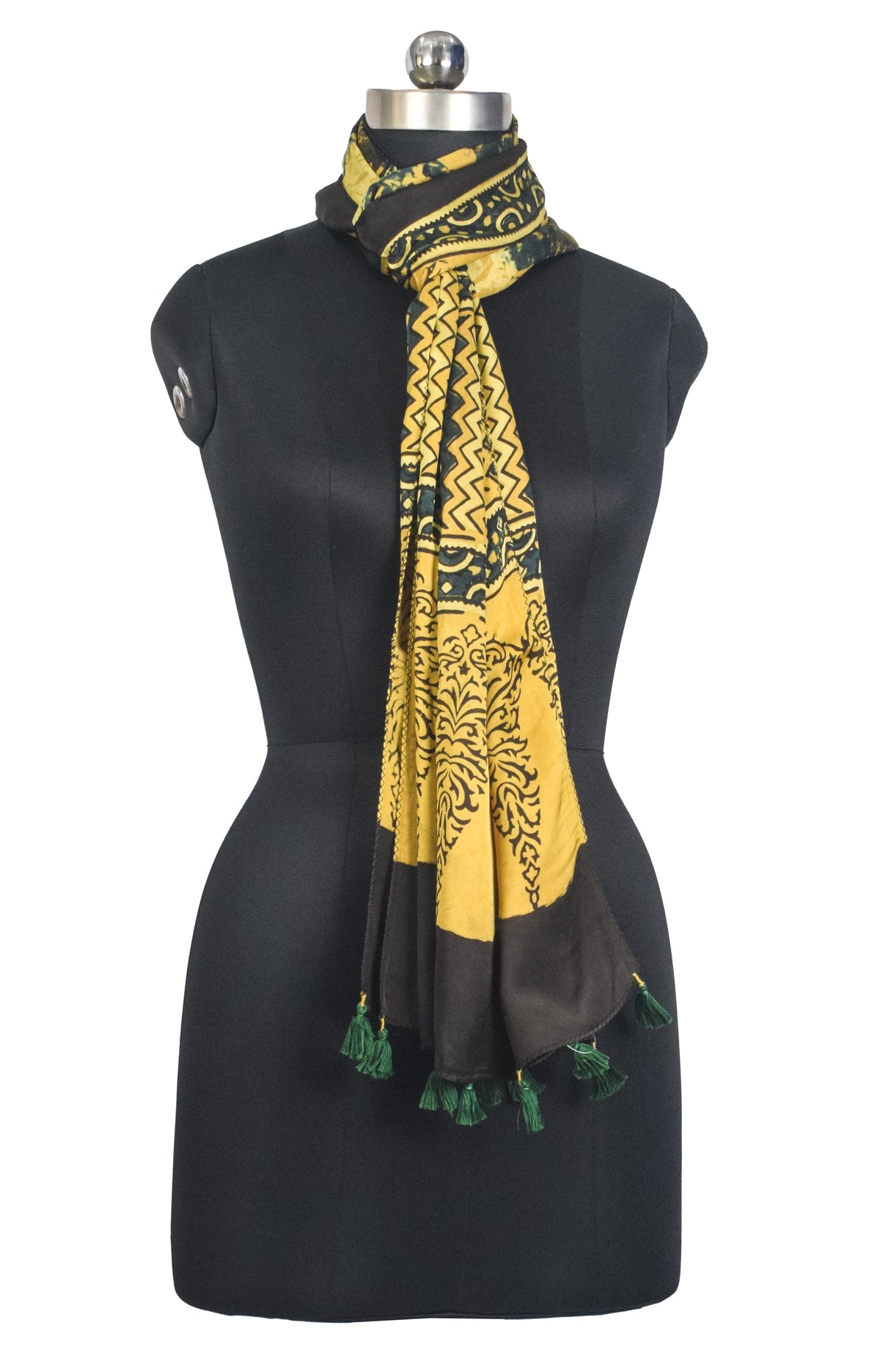 Ajrakh Modal Silk Natural Dye Hand Block Print Stole With Tassels - 2 Mtr Length   -  SKU : AI27803J