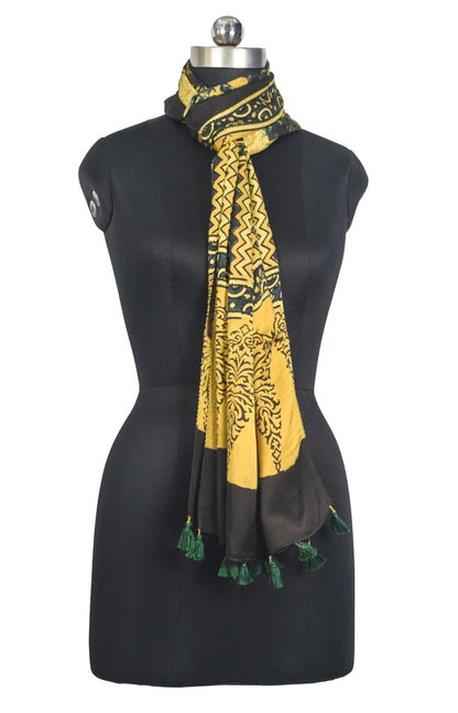 Ajrakh Modal Silk Natural Dye Hand Block Print Stole With Tassels - 2 Mtr Length   -  SKU : AI27803J