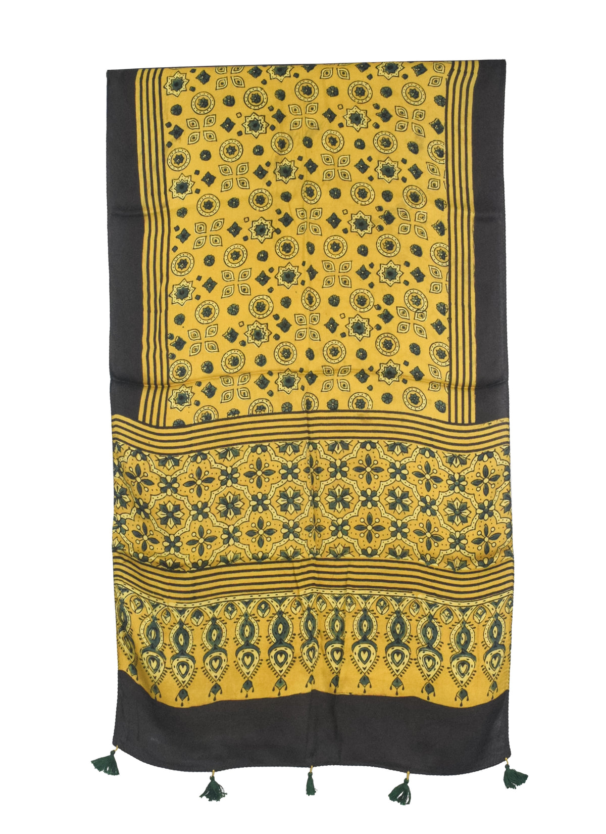 Ajrakh Modal Silk Natural Dye Hand Block Print Stole With Tassels - 2 Mtr Length   -  SKU : AI27803K