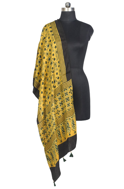 Ajrakh Modal Silk Natural Dye Hand Block Print Stole With Tassels - 2 Mtr Length   -  SKU : AI27803K