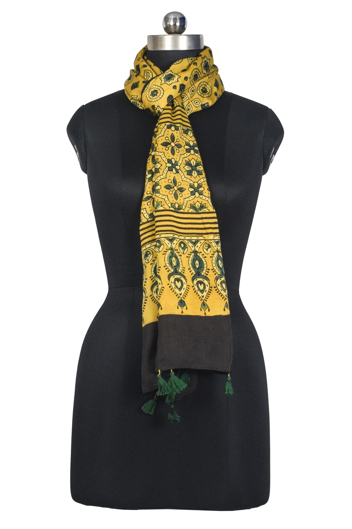Ajrakh Modal Silk Natural Dye Hand Block Print Stole With Tassels - 2 Mtr Length   -  SKU : AI27803K