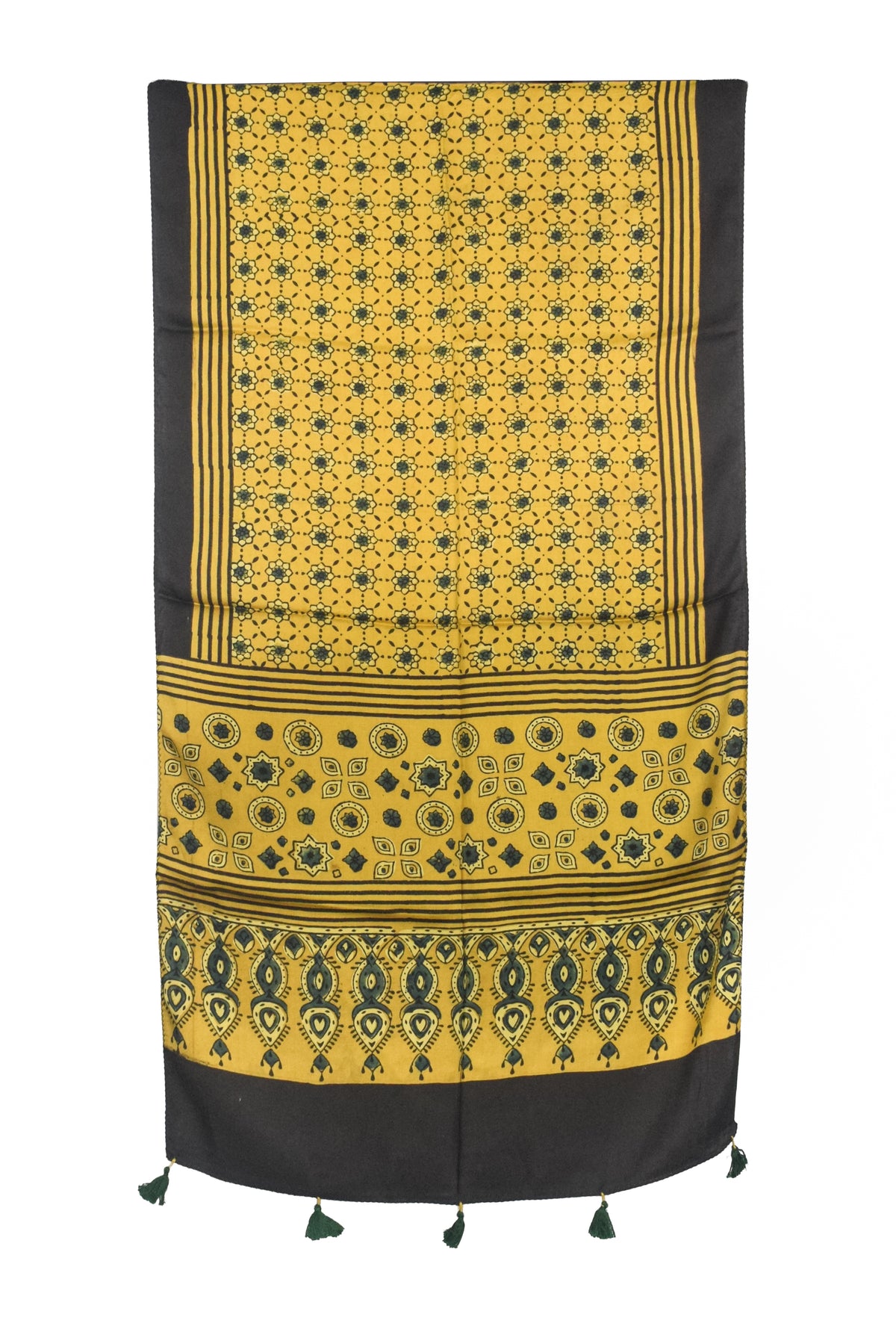 Ajrakh Modal Silk Natural Dye Hand Block Print Stole With Tassels - 2 Mtr Length   -  SKU : AI27803L