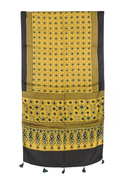 Ajrakh Modal Silk Natural Dye Hand Block Print Stole With Tassels - 2 Mtr Length   -  SKU : AI27803L
