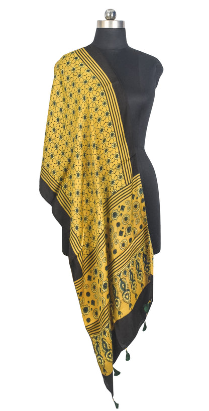 Ajrakh Modal Silk Natural Dye Hand Block Print Stole With Tassels - 2 Mtr Length   -  SKU : AI27803L