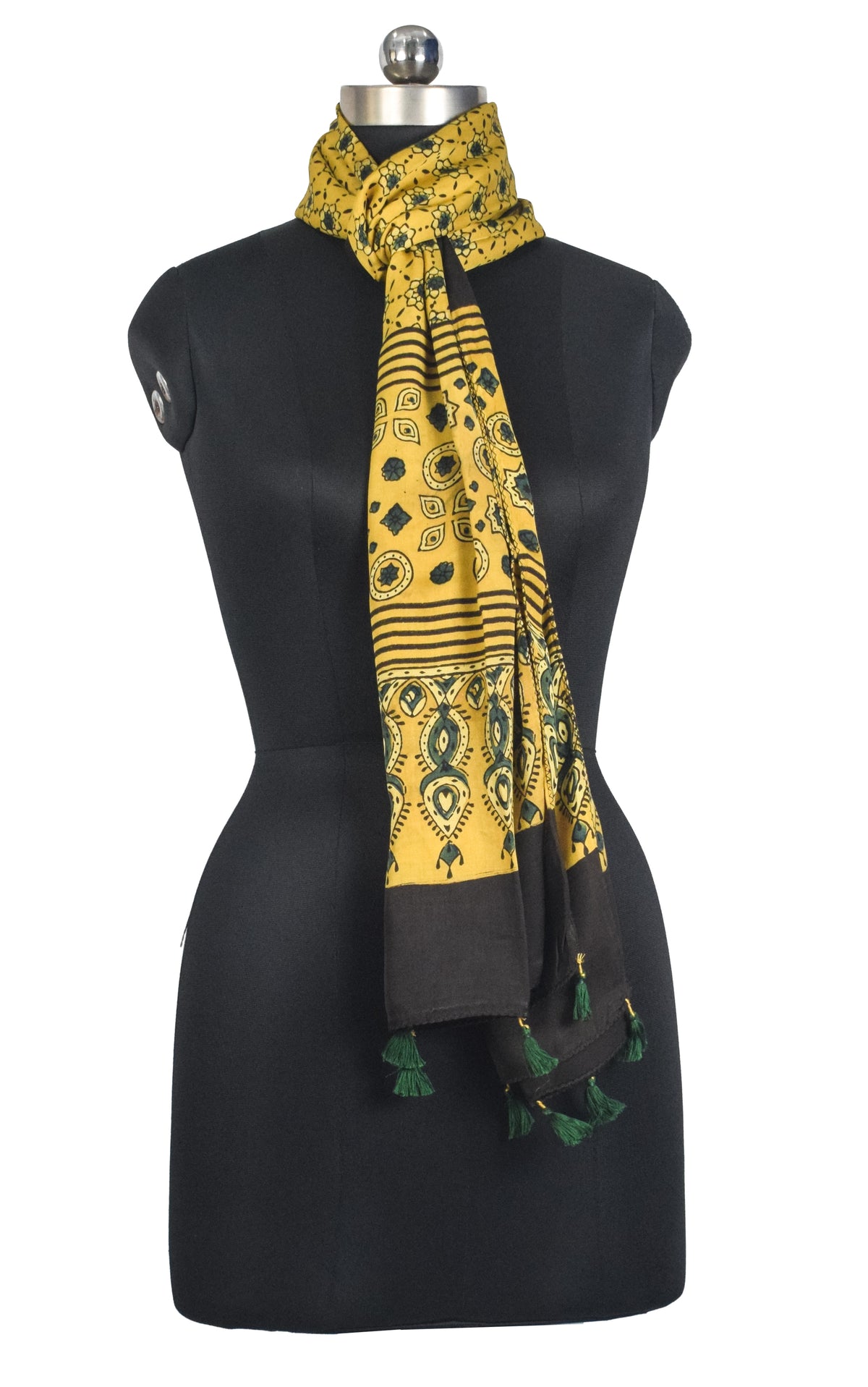 Ajrakh Modal Silk Natural Dye Hand Block Print Stole With Tassels - 2 Mtr Length   -  SKU : AI27803L