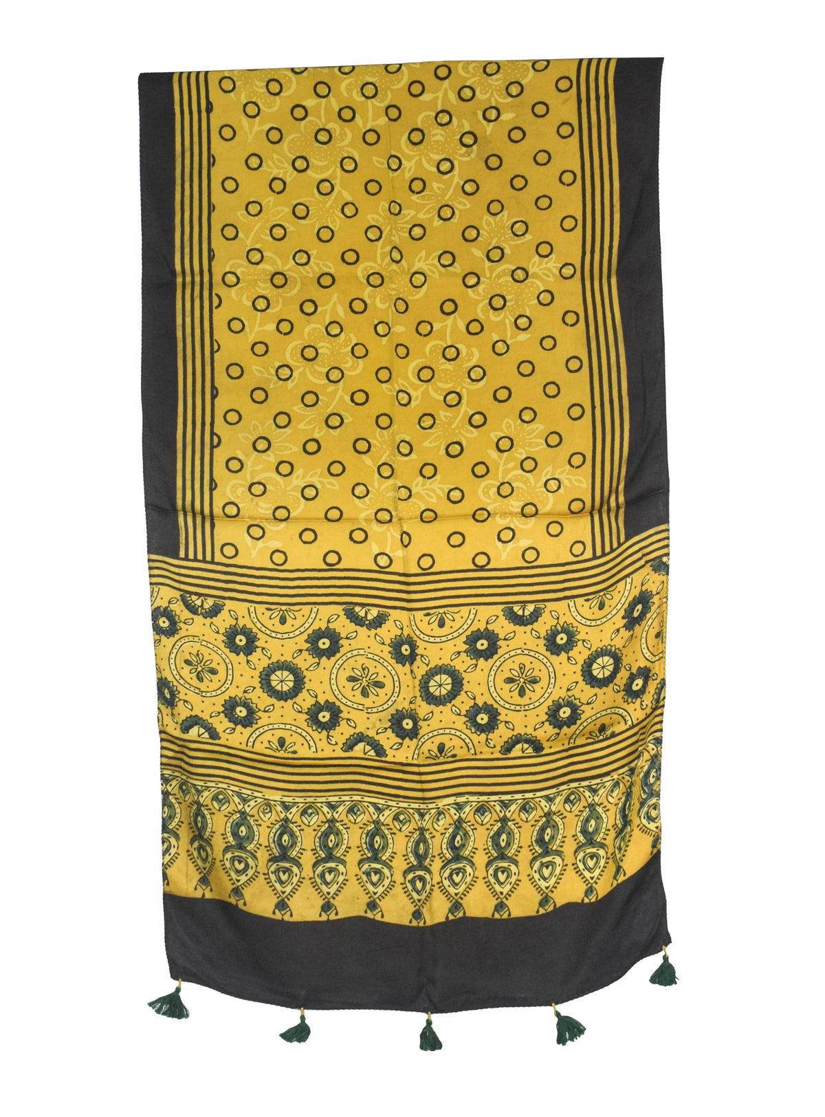 Ajrakh Modal Silk Natural Dye Hand Block Print Stole With Tassels - 2 Mtr Length   -  SKU : AI27803M