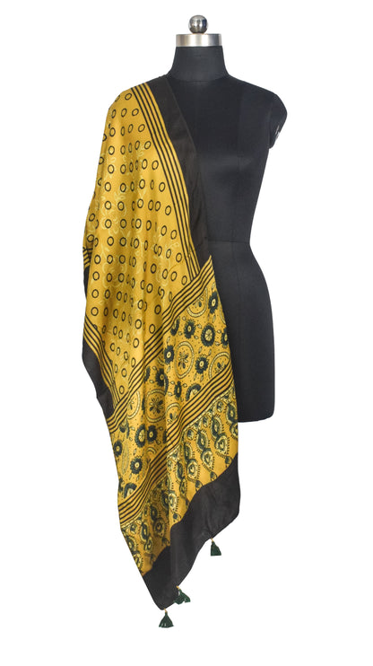 Ajrakh Modal Silk Natural Dye Hand Block Print Stole With Tassels - 2 Mtr Length   -  SKU : AI27803M