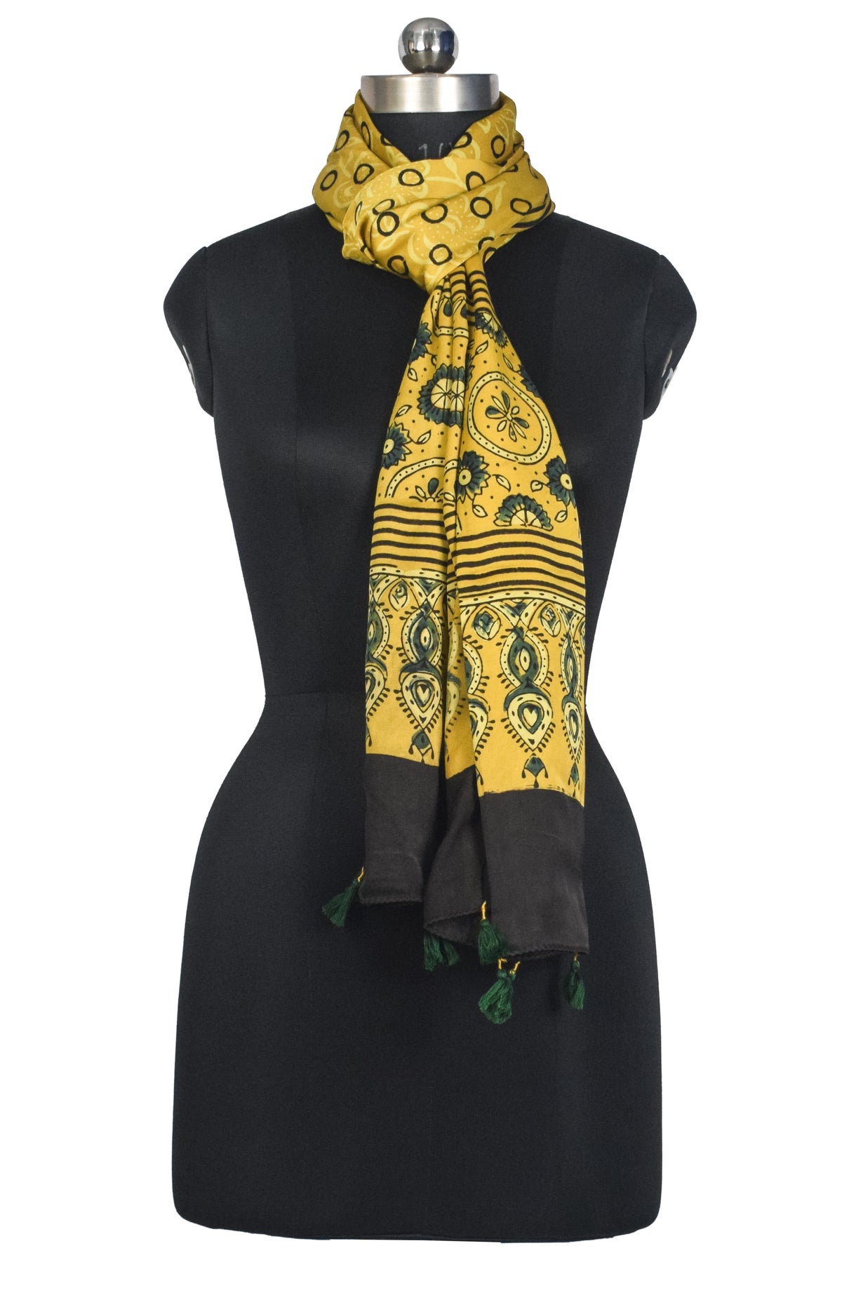 Ajrakh Modal Silk Natural Dye Hand Block Print Stole With Tassels - 2 Mtr Length   -  SKU : AI27803M