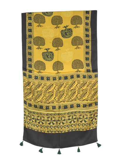 Ajrakh Modal Silk Natural Dye Hand Block Print Stole With Tassels - 2 Mtr Length   -  SKU : AI27803N
