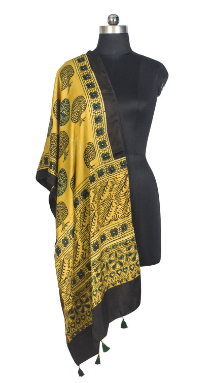 Ajrakh Modal Silk Natural Dye Hand Block Print Stole With Tassels - 2 Mtr Length   -  SKU : AI27803N