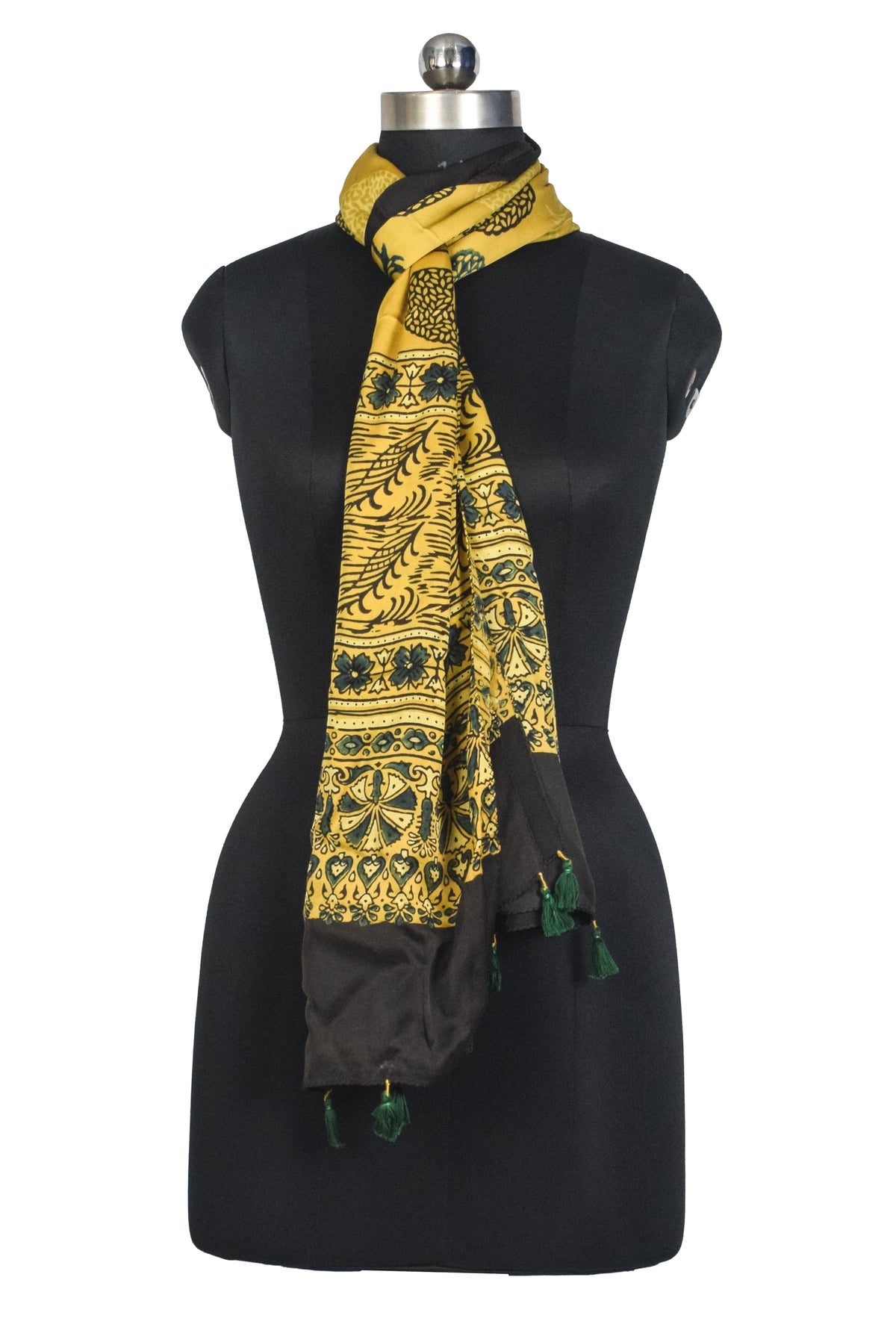 Ajrakh Modal Silk Natural Dye Hand Block Print Stole With Tassels - 2 Mtr Length   -  SKU : AI27803N