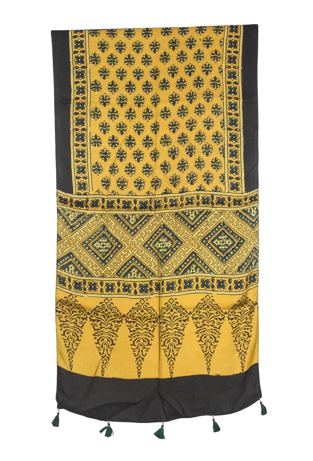 Ajrakh Modal Silk Natural Dye Hand Block Print Stole With Tassels - 2 Mtr Length   -  SKU : AI27803O