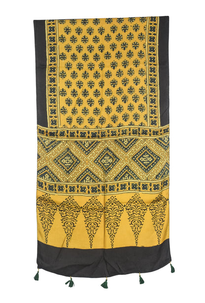 Ajrakh Modal Silk Natural Dye Hand Block Print Stole With Tassels - 2 Mtr Length   -  SKU : AI27803O