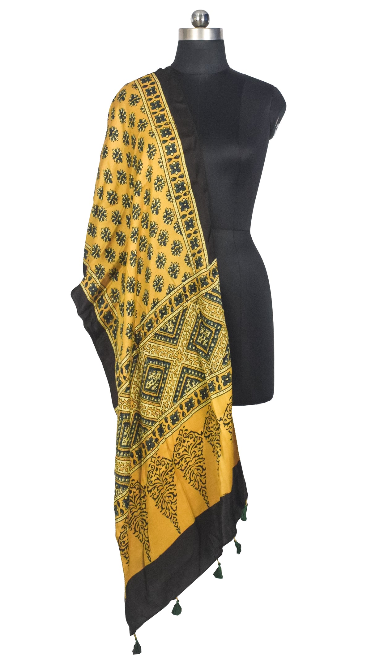 Ajrakh Modal Silk Natural Dye Hand Block Print Stole With Tassels - 2 Mtr Length   -  SKU : AI27803O