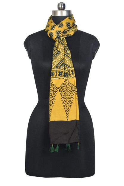 Ajrakh Modal Silk Natural Dye Hand Block Print Stole With Tassels - 2 Mtr Length   -  SKU : AI27803O